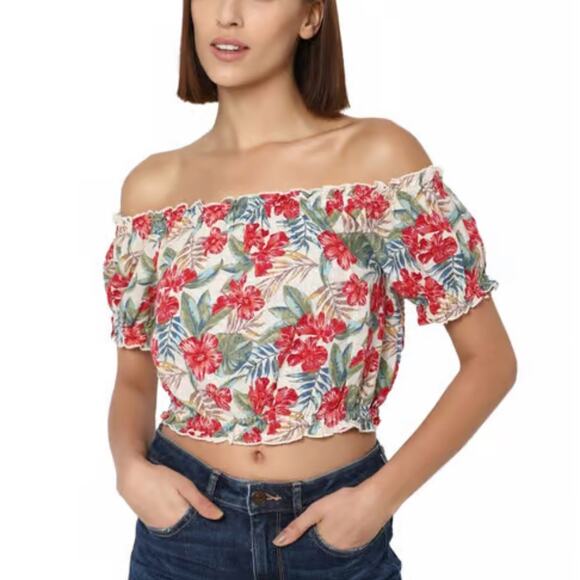 American Eagle Outfitters Tops - American Eagle Cotton Linen Floral‎ Cropped Off the Shoulder Floral Top Size M